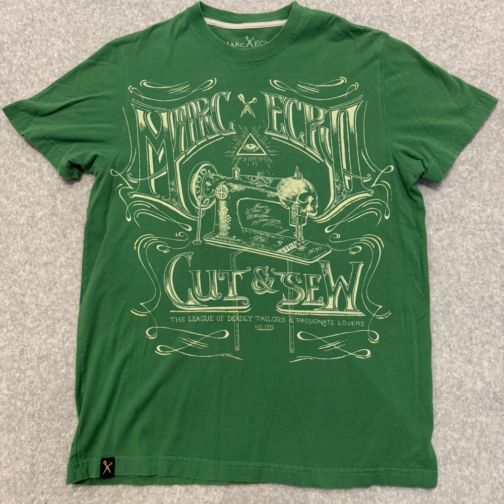 Y2K Marc Ecko Cut & Sew Green Skull Sewing Machine Graphic T-Shirt Small